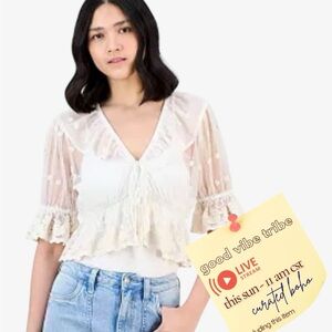 And Now This Lace Boho Front Tie Blouse XS Extra Small